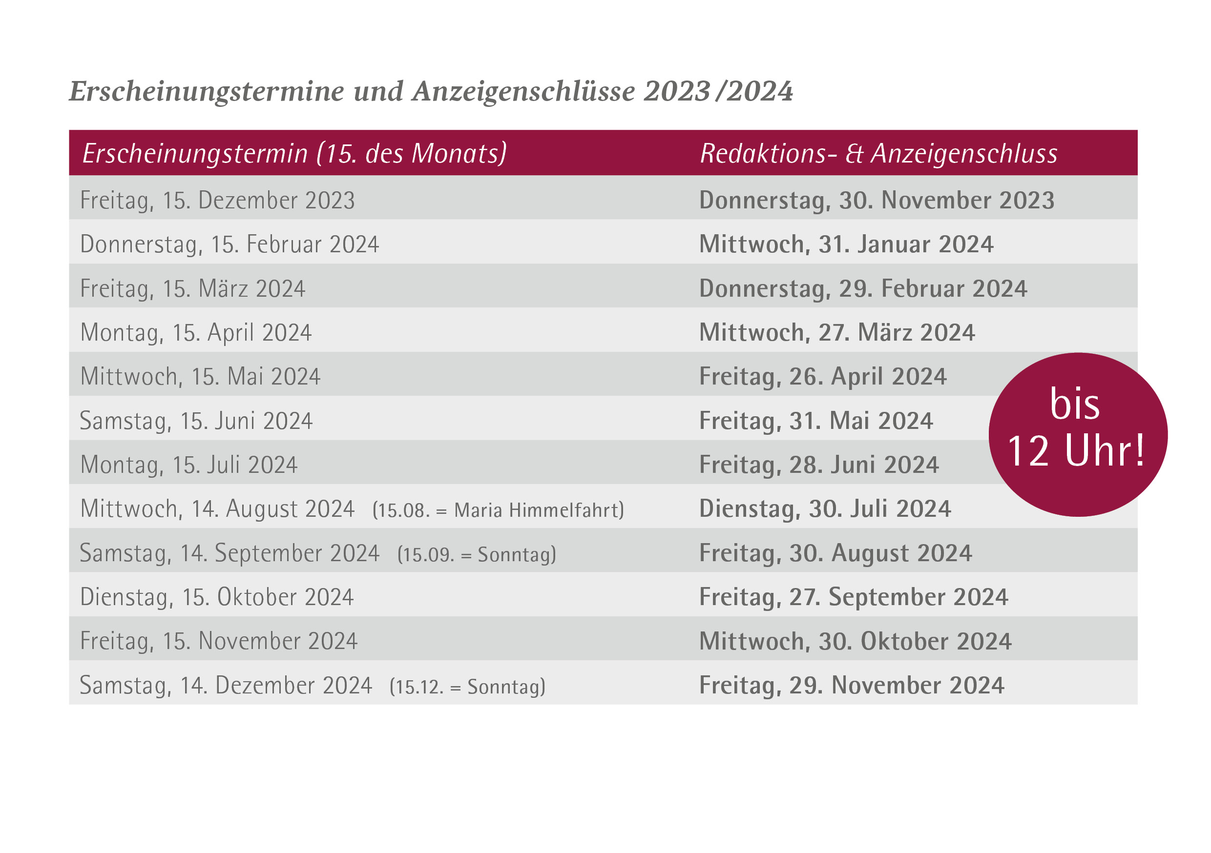 Redaktions- & Anzeigenschlüsse VGem-Blatt